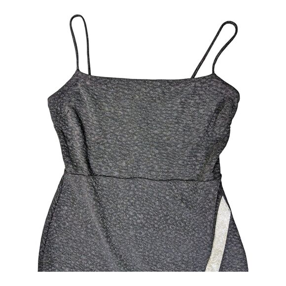 Windsor Black Asymmetrical Mini Dress L Spaghetti Straps Bodycon Rhinestones - Picture 8 of 16